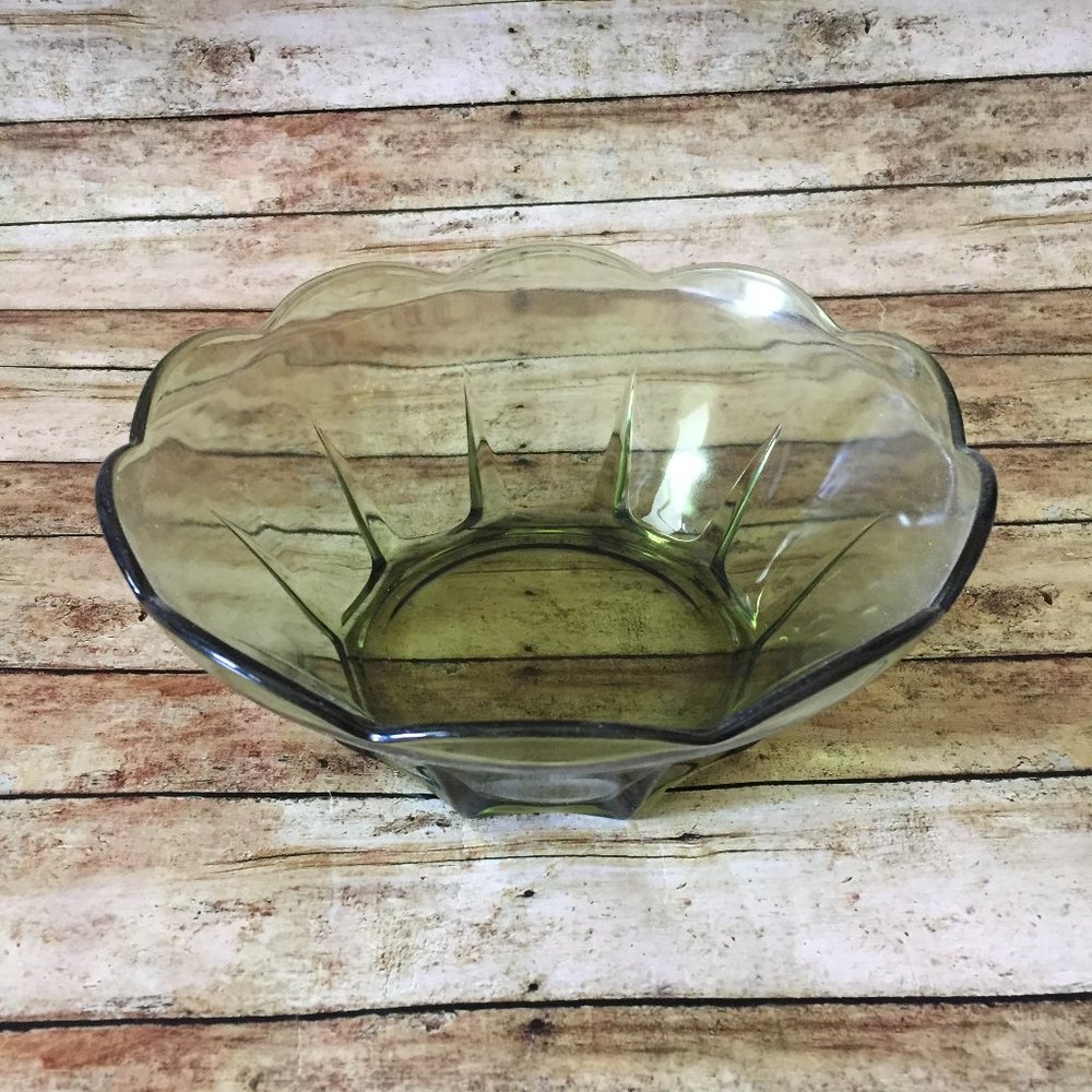 Vintage Green Glass Scalloped Serving Bowl